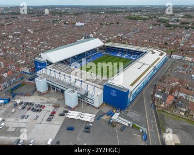 Vue aérienne de Goodison Park, stade de l'Everton Football Club, Liverpool, Royaume-Uni. Banque D'Images