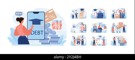 Dette étudiante fixée. Jeune personnage diplômé avec une crise financière. Prêt à l'éducation expatrié. Problème de paiement après une graduation. Illustration vectorielle plate Illustration de Vecteur