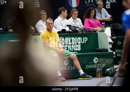 Valencia, Espagne. 10 septembre 2024. Lleyton Hewitt capitaine de l'équipe d'Australie vu lors de la finale de la Coupe Davis Groupe B deuxième match en simple au Pabellon Fuente de San Luis. Ugo Humbert, équipe de France gagnée 6,3 - 6,2 (photo Vicente Vidal Fernandez/SOPA images/Sipa USA) crédit : Sipa USA/Alamy Live News Banque D'Images