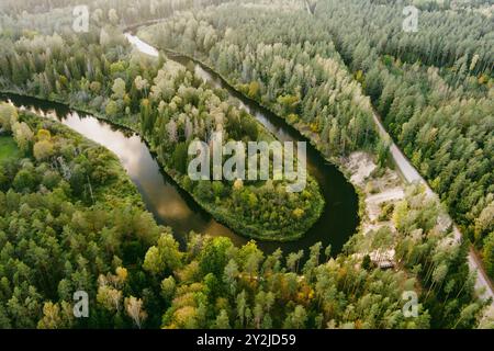 Vue aérienne de la rivière Sventoji serpentant à travers la forêt d'automne. Belle scène forestière aérienne près d'Anyksciai, Lituanie. Arbres verts et rivière sur f ensoleillé Banque D'Images