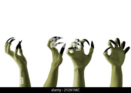 Ensemble de mains de sorcières. La couleur de la main est verte. Mal, zombie, ou monstre main isolé sur un fond blanc. Concept d'Halloween Banque D'Images
