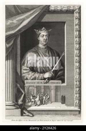 Henri II, roi d'Angleterre. Henry Fitzempress, Henry Curtmantle, 1133-1189. Portrait de buste avec couronne et sceptre, derrière un rideau. De l'effigie de son monument à Fontevraud en Anjou. Vignette montrant le meurtre de Thomas Becket par quatre chevaliers dans la cathédrale de Canterbury. Gravure sur cuivre dessinée et gravée par George Vertue à partir de ses têtes des rois d’Angleterre, propre à l’histoire de M. Rapin, traduite par N. Tindal, imprimée pour James, John et Paul Knapton, Londres, 1736. Banque D'Images