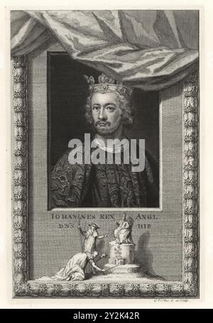 Jean, roi d'Angleterre, 1166-1216. Portrait de buste du roi en couronne et robe brodée, rideau sur le cadre. Vignette montre le roi déposant sa couronne et son sceptre devant le pape Innocent III lors de son excommunication. Johannes Rex Angl. Hib DNS Gravure sur cuivre dessinée et gravée par George Vertue à partir de ses têtes des rois d’Angleterre, propre à l’histoire de M. Rapin, traduite par N. Tindal, imprimée pour James, John et Paul Knapton, Londres, 1736. Banque D'Images