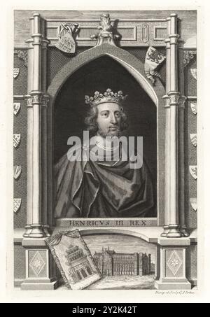 Henri III, Henri de Winchester, roi d'Angleterre, 1207-1272. Henricus III Rex. Portrait du roi en couronne et manteau sous une arche avec des armoiries et des fanions héraldiques. Vignette montrant sa reconstruction gothique de l'abbaye de Westminster. Gravure sur cuivre dessinée et gravée par George Vertue à partir de ses têtes des rois d’Angleterre, propre à l’histoire de M. Rapin, traduite par N. Tindal, imprimée pour James, John et Paul Knapton, Londres, 1736. Banque D'Images