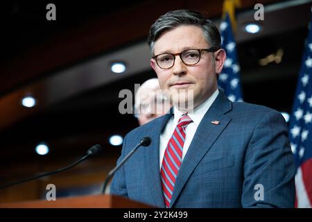 Washington, États-Unis. 10 septembre 2024. Mike Johnson (R-LA), Président de la Chambre, s'exprimant lors d'une conférence de presse au Capitole des États-Unis à Washington, DC. (Photo de Michael Brochstein/Sipa USA) crédit : Sipa USA/Alamy Live News Banque D'Images