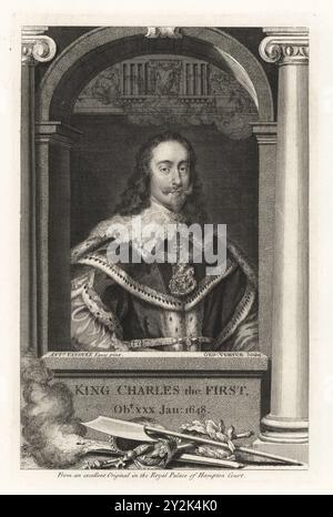 Charles Ier, roi d'Angleterre, 1600-1649. Portrait du roi en robes d'État avec collier en dentelle, manteau d'hermine et collier en or, figure de St George et dragon de l'ordre de la Jarretière d'après une peinture d'Anthony van Dyke au Palais Royal de Hampton court. Avec la hache du bourreau, la torche, le sceptre et la couronne de laurier. Roi Charles le premier. Gravure sur cuivre dessinée et gravée par George Vertue à partir de ses têtes des rois d’Angleterre, propre à l’histoire de M. Rapin, traduite par N. Tindal, imprimée pour James, John et Paul Knapton, Londres, 1736. Banque D'Images