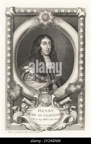 Henry Stuart, Henri d'Oatlands, duc de Gloucester, 1640-1660. Frère du roi Charles II d'Angleterre. Avec cravate de dentelle, robes de l'ordre de la Jarretière avec collier en or et figure de St George et le dragon. Avec couronne, armoiries et explosifs. Gravure sur cuivre dessinée et gravée par George Vertue à partir de ses têtes des rois d’Angleterre, propre à l’histoire de M. Rapin, traduite par N. Tindal, imprimée pour James, John et Paul Knapton, Londres, 1736. Banque D'Images