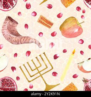 Shofar, pomme, grenade, menorah aquarelle peinte à la main motif sans couture sur fond nid d'abeille. Élément de design de haute qualité pour Rosh Hashanah Banque D'Images