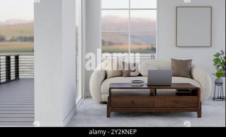 Une image vue de face d'un ordinateur portable sur une table basse en bois dur élégante dans un salon blanc minimal dispose d'un canapé moderne confortable et d'une décoration à la maison. rendu 3d. Banque D'Images