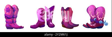 Botte de cowgirl WESTERN rose. Illustration de paire de chaussures vintage. Conception de chaussures West Country Girly cow-boy. Kit d'objets costume traditionnel de ranch orné et authentique pour le jeu. Style rétro de fille de vache Illustration de Vecteur
