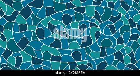 Motif de tuiles en pierre de mosaïque dosée, fond de pavage arrondi dans des tons vibrants de bleu et de vert. Ornement de route de jardin de vecteur avec texture de galet. Surface avec courbe ondulée et lignes imbriquées Illustration de Vecteur