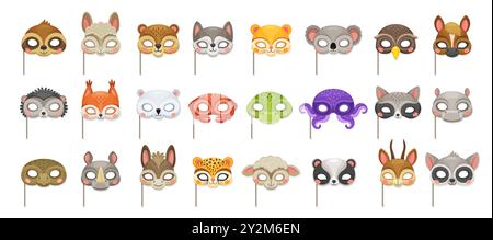 Masques de fête de carnaval animal. Costume de festival ou d'anniversaire avec des visages mignons vectoriels de chat, d'ours, de hibou, de loup ou de chien. Masques d'Halloween pour enfants de dessins animés sur des bâtons, des singes, des crocodiles, des léopards et des têtes de raton laveur Illustration de Vecteur