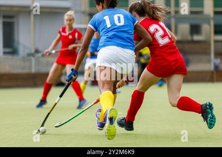 Les joueuses s'affrontent pour le ballon lors d'une attaque dans un match de hockey sur gazon. Banque D'Images