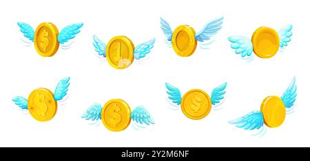 3d pièces d'argent d'or avec des ailes. Jeu de monnaie a ailettes D'OR vectoriel ISOLEE. Billets volants pour les affaires, la boutique en ligne, la finance, la banque, l'économie d'argent ou l'échange, solde, transaction ou cashback Illustration de Vecteur