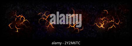 Fissures au sol avec lave ensemble isolé sur fond noir. Illustration réaliste vectorielle du magma fondu chaud dans les ruptures sur la surface terrestre, fissure dans le sol, éruption volcanique ou fractures sismiques Illustration de Vecteur