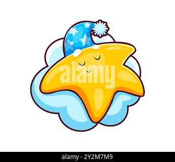 Personnage étoilé mignon kawaii dormant sur un nuage. Personnage de dessin animé scintillant paisiblement endormi dans un dernier verre. Personnage toon céleste vectoriel isolé, entouré d'une aura tranquille de magie au coucher Illustration de Vecteur