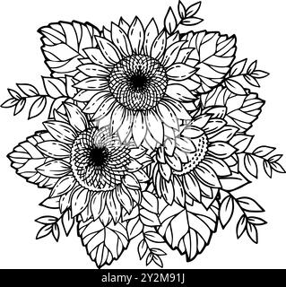 Illustration noire et blanche dessinée à la main du bouquet de tournesols. Page de livre de coloriage pour adultes Illustration de Vecteur