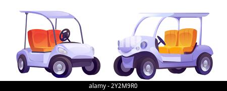 Voiturette de golf pour la conduite sur parcours pendant l'entraînement et le tournoi. Buggy à énergie électrique ouvert pour le transfert de golfeur. Ensemble d'illustration vectorielle de dessin animé de l'équipement automobile électrique de sport de plein air. Illustration de Vecteur