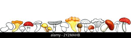 Ensemble de différents types de champignons. Placé dans une rangée horizontale. Dessin de contour noir ou avec remplissage aquarelle. Différentes formes et tailles. Champignons Banque D'Images