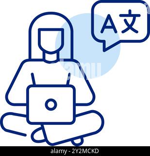Femme à l'ordinateur portable apprenant des langues étrangères. Pixel Perfect, icône de vecteur de contour modifiable Illustration de Vecteur