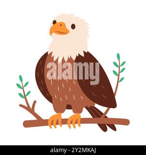 Mignon animal oiseau de faucon faucon d'aigle chauve perché sur la brindille d'arbre dans la jungle Illustration de Vecteur