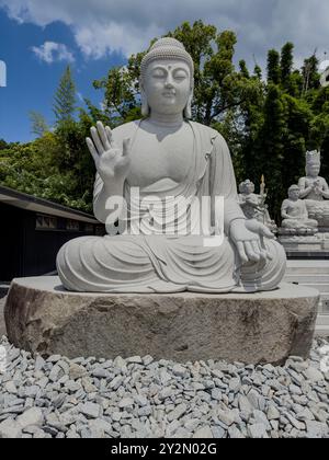 Une image d'une grande statue de Bouddha au temple Ishiteji, Matsuyama, Japon, entourée de statues plus petites et de verdure dans un cadre paisible de temple. Banque D'Images