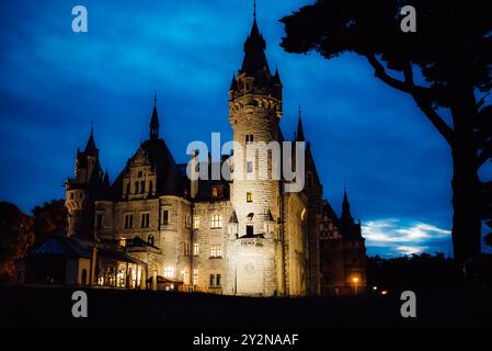 Vieux château polonais dans le village de moszna dans les lumières de la nuit Banque D'Images