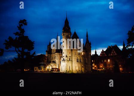 Vieux château polonais dans le village de moszna dans les lumières de la nuit Banque D'Images