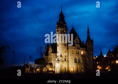Vieux château polonais dans le village de moszna dans les lumières de la nuit Banque D'Images