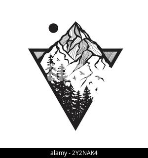 Belles silhouettes de sapins forestiers dessinées à la main, montagnes, illustration vectorielle d'oiseaux Illustration de Vecteur