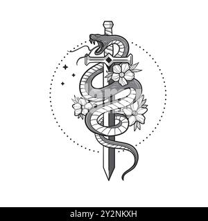 conception d'illustration vectorielle de serpent, d'épée et de fleur dessinée à la main Illustration de Vecteur