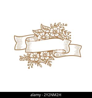 Ruban floral romantique dessiné à la main vintage pour la décoration de mariage, célébrer, bannière Illustration de Vecteur