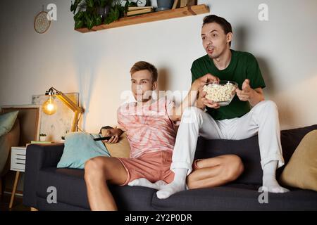 Un couple aimant partage des moments joyeux tout en regardant leur film préféré. Banque D'Images