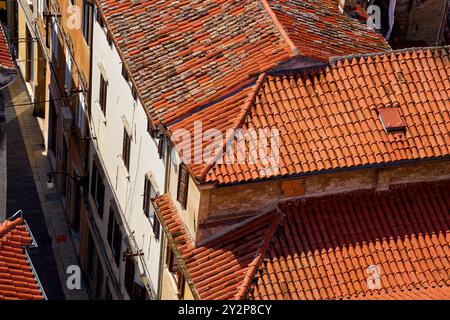 Koper, Slovénie - 25 août 2024 : les toits de tuiles rouges pittoresques de la vieille ville de Koper, Slovénie *** Die malerischen roten Ziegeldächer der Altstadt von Koper, Slowenien Banque D'Images