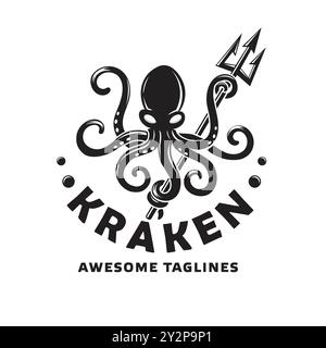 Belle Octopus tenant trident, image stylisée du modèle de logo isolé Octopus Illustration de Vecteur