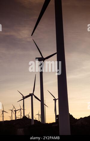 silhouettes de moulins à vent sur une montagne au coucher du soleil, heure dorée. Concept d'énergie renouvelable Banque D'Images