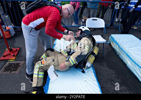 Aalborg, Danemark. 11 septembre 2024. Joel Bloch d'Allemagne concourent dans le groupe d'âge 30-34 ans concourt en uniforme complet et en équipement dans la compétition World's Tough Firefighter au Championnat du monde des pompiers, 15e World Firefighter Games, à Aalborg mercredi 11 septembre 2024. (Photo : Henning Bagger/Ritzau Scanpix) crédit : Ritzau/Alamy Live News Banque D'Images