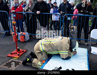 Aalborg, Danemark. 11 septembre 2024. Joel Bloch d'Allemagne concurrencer dans le groupe d'âge 30-34 ans concourt en uniforme complet et en équipement dans la compétition World's Tough Firefighter au Championnat du monde pour les pompiers, 15ème World Firefighter Games, à Aalborg mercredi 11 septembre 2024. (Photo : Henning Bagger/Ritzau Scanpix) crédit : Ritzau/Alamy Live News Banque D'Images