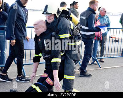 Aalborg, Danemark. 11 septembre 2024. Casper Kudahl du Danemark concourent dans le groupe d'âge 30-34 ans concourt en uniforme complet et en équipement dans la compétition World's Tough Firefighter au Championnat du monde des pompiers, 15ème World Firefighter Games, à Aalborg mercredi 11 septembre 2024. (Photo : Henning Bagger/Ritzau Scanpix) crédit : Ritzau/Alamy Live News Banque D'Images