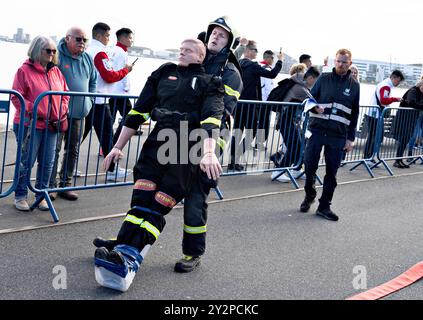 Aalborg, Danemark. 11 septembre 2024. Casper Kudahl du Danemark concourent dans le groupe d'âge 30-34 ans concourt en uniforme complet et en équipement dans la compétition Worghest Firefighter au Championnat du monde pour les pompiers, 15. World Firefighter Games, à Aalborg mercredi 11 septembre 2024. (Photo : Henning Bagger/Ritzau Scanpix) crédit : Ritzau/Alamy Live News Banque D'Images