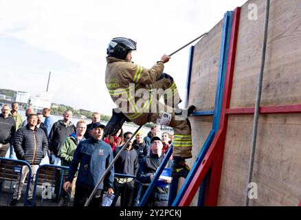 Aalborg, Danemark. 11 septembre 2024. Allan Andersen du Danemark concourent dans le groupe d'âge 30-34 ans concourt en uniforme complet et en équipement dans la compétition Worghest Firefighter au Championnat du monde pour pompiers, 15. World Firefighter Games, à Aalborg mercredi 11 septembre 2024. (Photo : Henning Bagger/Ritzau Scanpix) crédit : Ritzau/Alamy Live News Banque D'Images