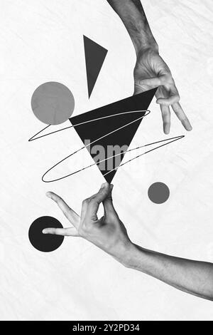 Composite tendance illustration croquis photo collage de photo de l'espace de travail image monochrome deux mains apparaissent tenir doigt triangle ligne cercle boule Banque D'Images