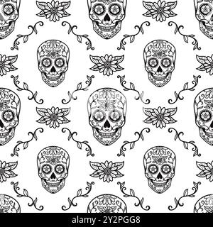 Modèle sans couture de vecteur de crâne de sucre mexicain, fond de crânes de bonbons d'Halloween, célébration du jour de la mort, Illustration de Vecteur