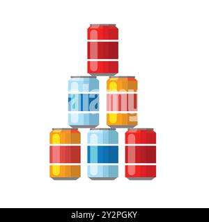 Pile de soda dans des boîtes en aluminium colorées définir des icônes isolées sur fond blanc. Affiche boissons gazeuses Illustration de Vecteur