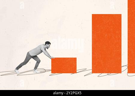 Tendance illustration composite croquis photo collage de photo de l'espace de travail beige orange couleur homme marcher ligne d'étape doodle dessiner tirer plate-forme de poussée Banque D'Images