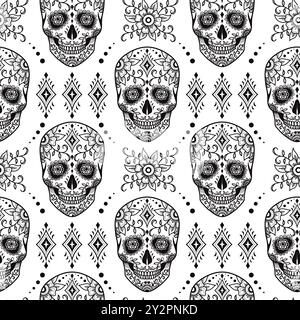 Modèle sans couture de vecteur de crâne de sucre mexicain, fond de crânes de bonbons d'Halloween, célébration du jour de la mort, Illustration de Vecteur
