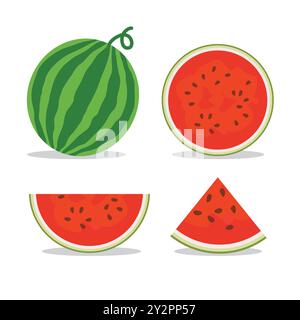 Illustration vectorielle de pastèques entières fraîches et juteuses et de tranches Illustration de Vecteur