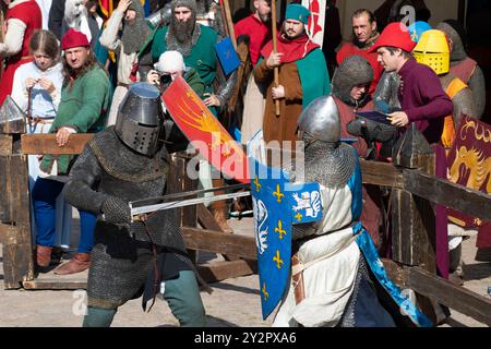 VYBORG, RUSSIE - 18 AOÛT 2024 : deux chevaliers médiévaux en duel sur le tournoi chevalier A. Fragment du festival historique “Journées médiévales en V Banque D'Images