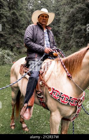Un homme hispanique au look sévère, vêtu d'une veste matelassée et d'un chapeau de cow-boy, monte sur un cheval de palomino à la Marquesa, au Mexique. Le cheval est orné de Banque D'Images