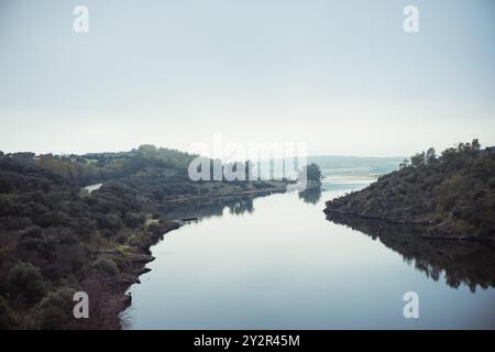 Une rivière tranquille serpente à travers des collines luxuriantes et couvertes de forêts sous un ciel couvert doux, reflétant la nature environnante dans ses eaux calmes Banque D'Images